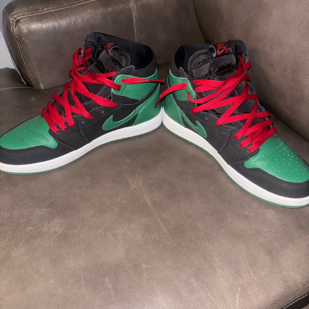 Jordan Men's Green and Black Sneakers with Red Laces